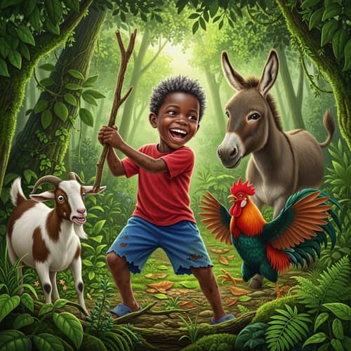 Haitian Male Child Playing in Woods with Animals Illustration