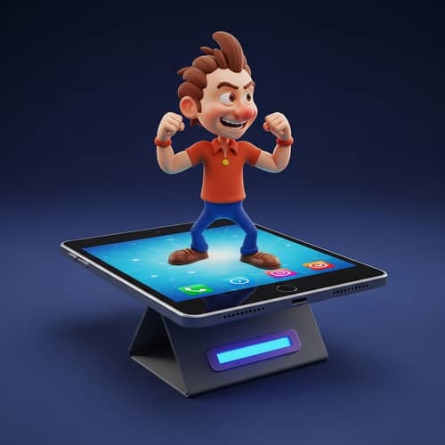 3d pixar style character on a tablet device standing up 