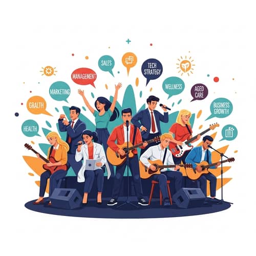 Multicultural Mix of Business Strategists and Experts Performing on Stage