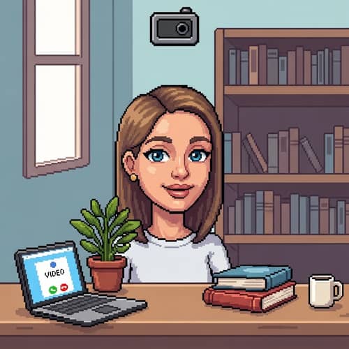 Caucasian Female Influencer at Desk | Professional 16-bit Cartoon