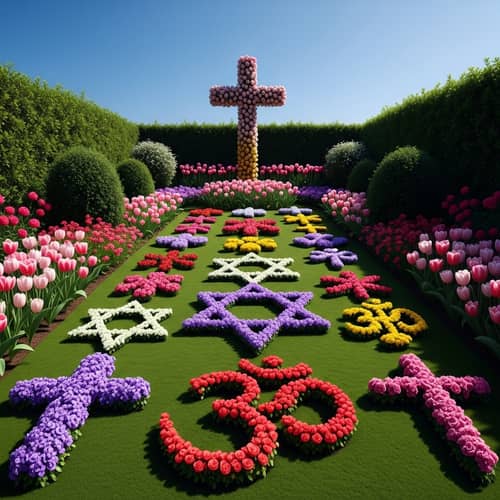 Lush Garden with Diverse Flowers and Religious Symbols