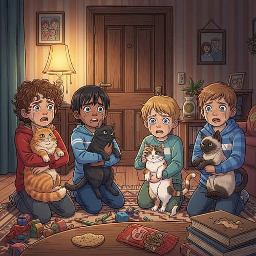 Young Boys and Cats in Distress | Home Setting Illustration