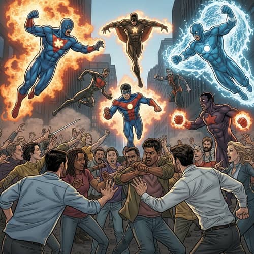 Superpowered Beings Clash with Ordinary Humans in Chaotic Urban Scene