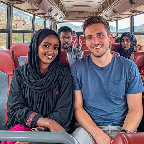 Cultural Diversity & Natural Beauty: Somali Woman and Man on Vibrant Bus Ride