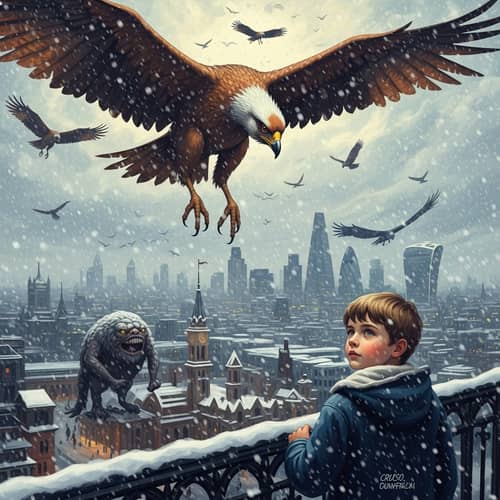Shantak Bird Soaring Through London's Snowy Skies