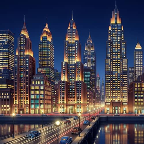 Art Deco Cityscape Night: Symmetrical Skyscrapers & Neon Lights