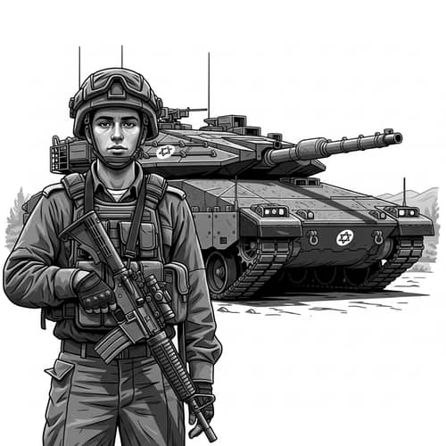 Israeli Soldier Standing in Front of Merkava 4 Tank