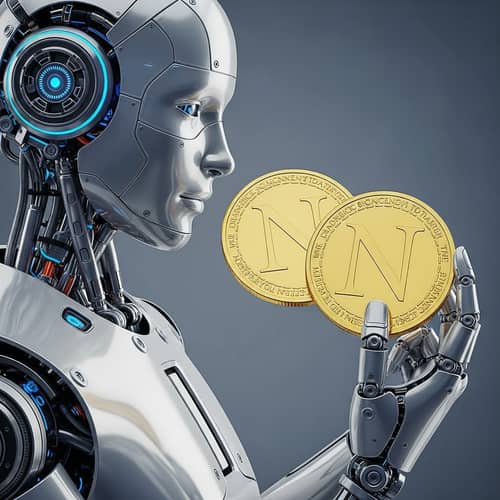 Futuristic AI Robot Holding Golden Coins with 'N' - Technology Showcase