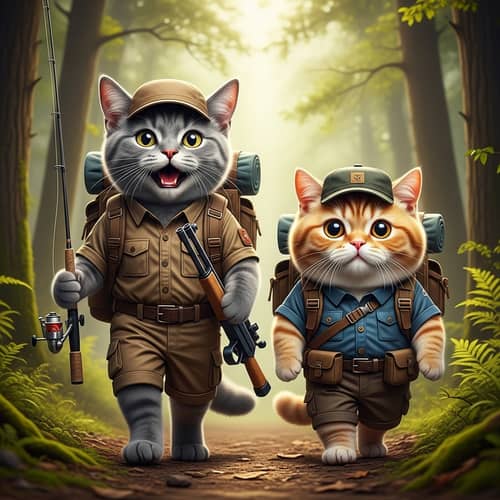 Realistic Gray and Orange Cats in Hiking Outfits | Forest Scene