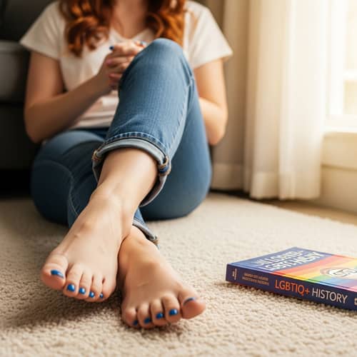 Clean and Well-Maintained Lesbian Redhead Feet on Plush Cream Carpet
