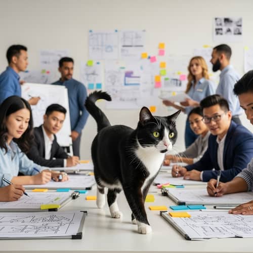 Tuxedo Cat in Ad Agency: A Scene of Creativity and Serenity