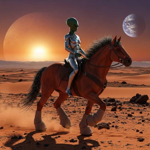 Extraterrestrial Being on Mars Riding a Horse