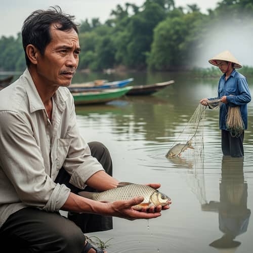 Vietnamese Man Contemplating a Scenario: Fish Set Free But Caught