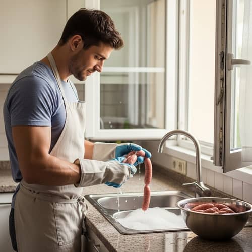Muscular Man Washing Raw Sausages in Kitchen | Household Chores