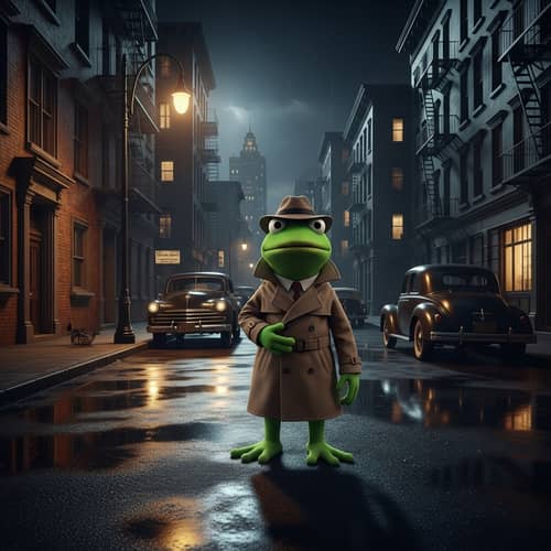 Green Frog Detective in Film Noir City | Mystery Character