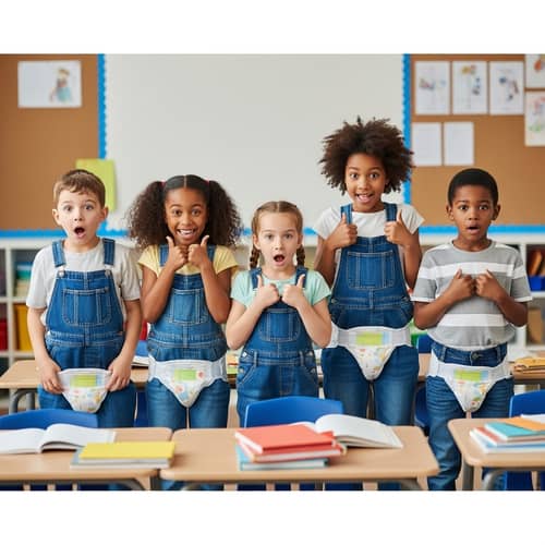 Surprised Kids in Diaper-Like Overalls in Classroom