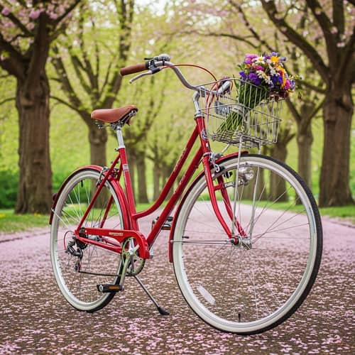 Vintage Red Bicycle in Sunlit Park | Classic Bike with White-Walled Tires
