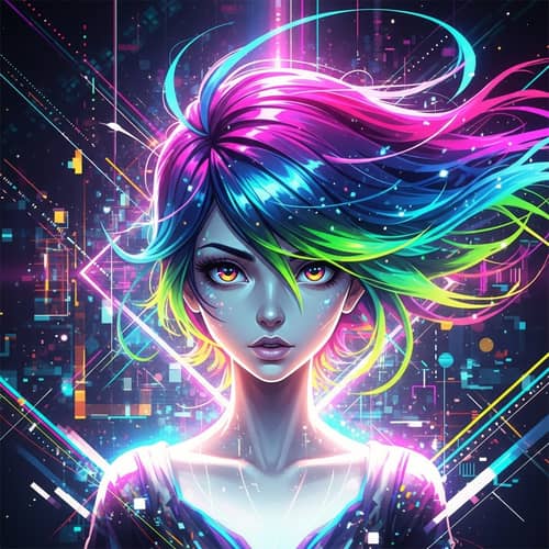 Vibrant Youthful Female Character in Geoxor Style Drawing