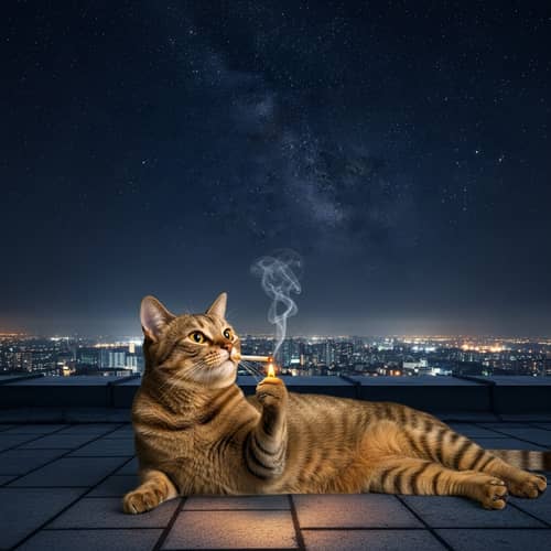 Tranquil Urban Cat Gazing at Silvery Stars | Rooftop Scene