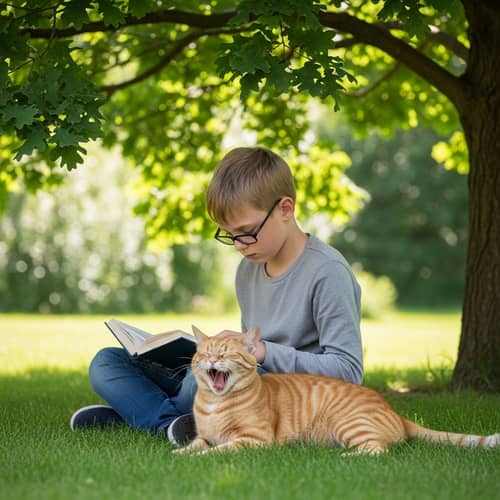 Serene Scene: Boy Reading Book With Cat Under Oak Tree