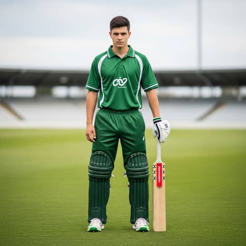 Young Fair-Skinned Cricket Player in Full Green Uniform