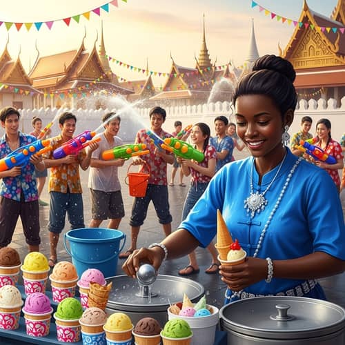 Vibrant Songkran Water Festival with Ice Cream Delights