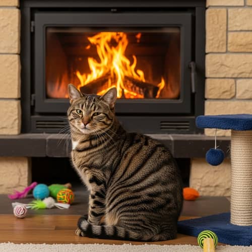 Cozy Cat by the Fireplace - Tranquil Scene with Playful Toys