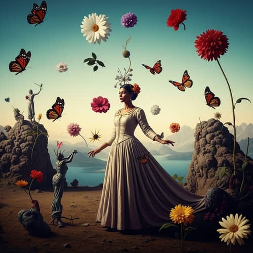 Surreal Composition of Woman in Flowing Gown with Flowers and Butterflies
