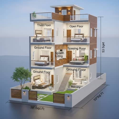 Architecturally Accurate Three-Story Home Design | 39x53 Plot | 832 Sq Ft House