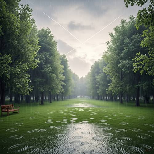 Tranquil Rainy Day Scene in Lush Meadow - Serene Nature Landscape