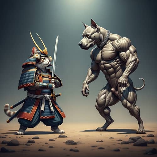 Samurai Cat vs Muscular Dog: Playful Battle Scene
