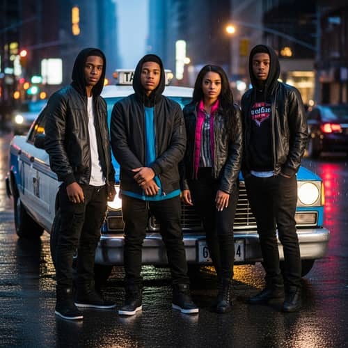 African American Teenagers in Fashionable Street Attire Near White and Blue Taxi Cab