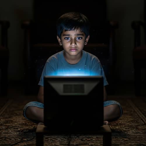 Sad South Asian Boy Alone in Dimly-Lit Room Watching TV