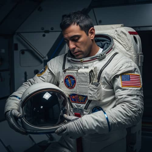 Sad Hispanic Astronaut Putting on Space Suit - Emotional Scene