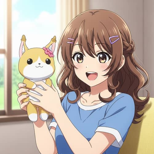 Joyful Anime Girl with New Plushie - Asian Descent