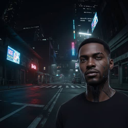 Cyberpunk Cityscape with Cybernetically Enhanced Black Man