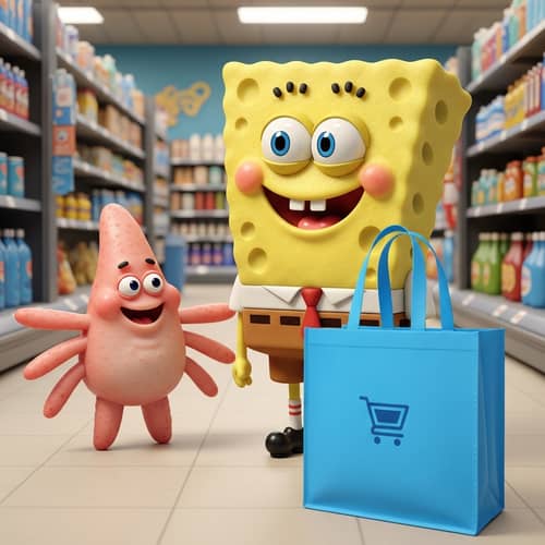 Cheerful Aquatic Sponge Creature and Starfish Shopping at Supermarket