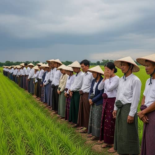 Sad Myanmar Farmers in a Dramatic Scene