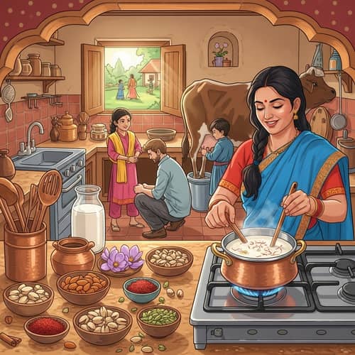 Traditional Indian Kitchen with Kids Playing and Man Milking Cow