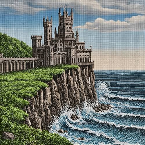Intricate ASCII Art of Majestic Castle on Cliff