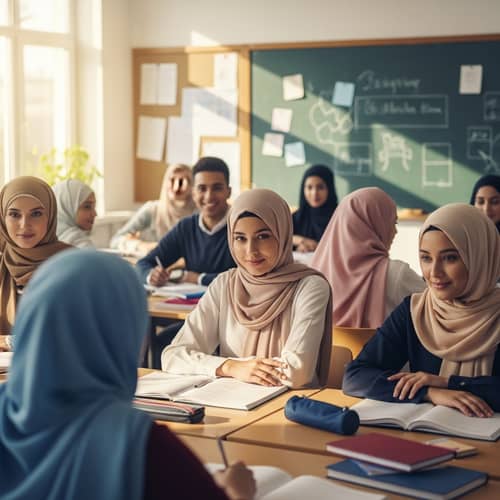 Diverse and Elegant Classroom Scene with Hijab-Wearing Students