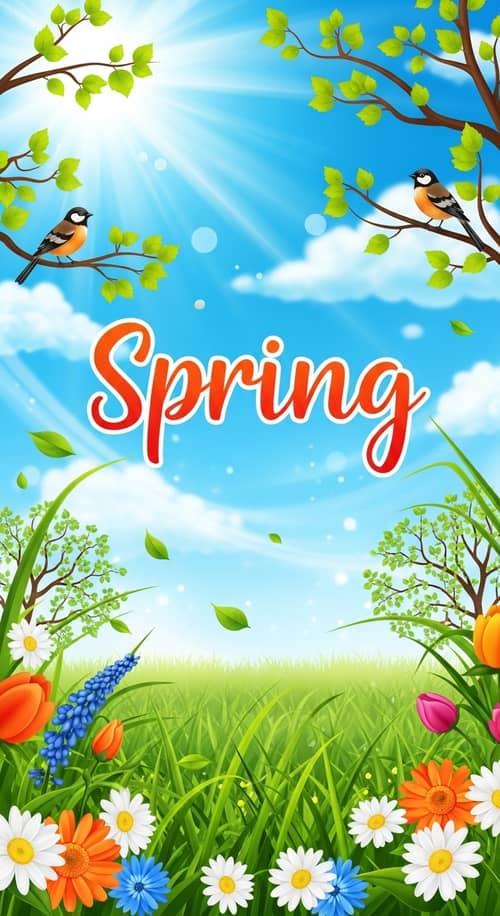 Vibrant Springtime Illustration: Blooming Flowers & Sunny Skies