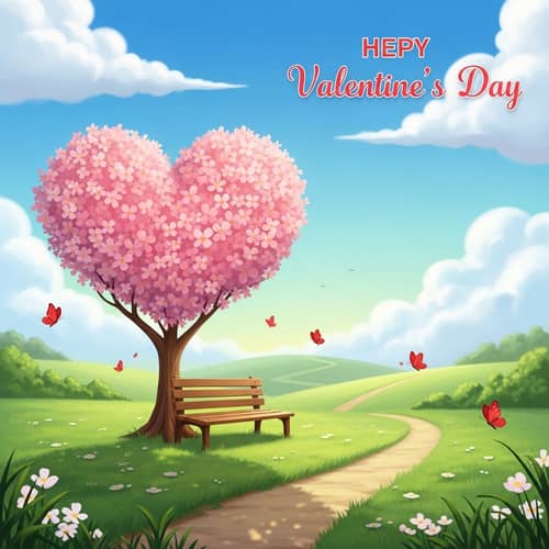 Whimsical Valentine's Day Illustration with Heart-shaped Tree and Romantic Elements