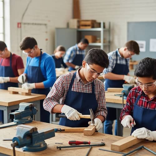 Adolescent Boys and Girls Apprentices Workshop Scene