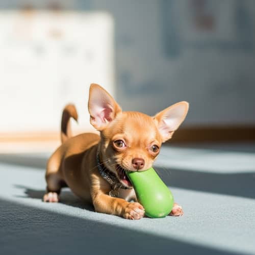 Adorable Chihuahua Puppy Playing with Green Squeaky Toy