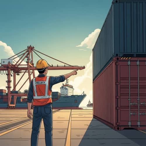 Indonesian Worker Pointing at Container | Port Scene Illustration