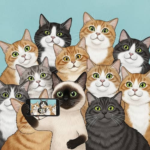 Whimsical Feline Social Gathering - Cats Selfie Moment