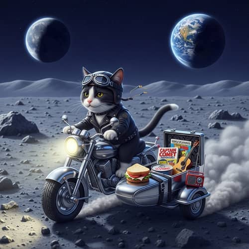 Cat Riding Motorcycle on Moon - Simple Pleasures of Life