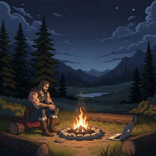 Brave Pioneer Warrior by Campfire in Wilderness