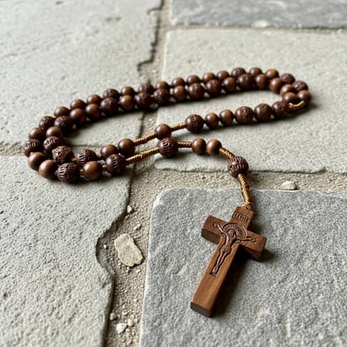 Polished Dark Wood Catholic Rosary on Weathered Stone Floor
